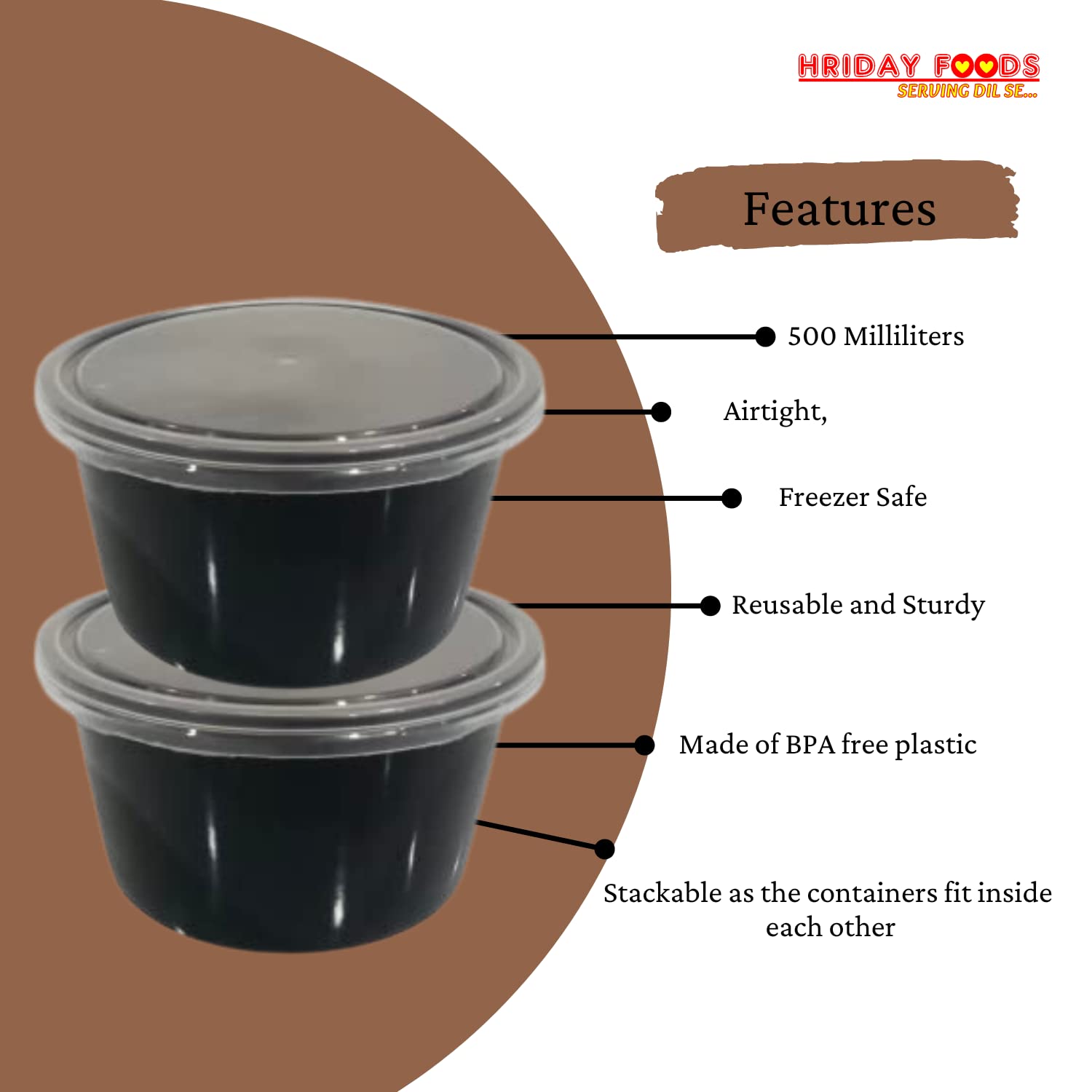 Hriday Foods Serving Dil Se 500 Ml Black Round Container With Air Tight Transparent Lid:Set Of 25 - Microwave Safe, Reusable Pla
